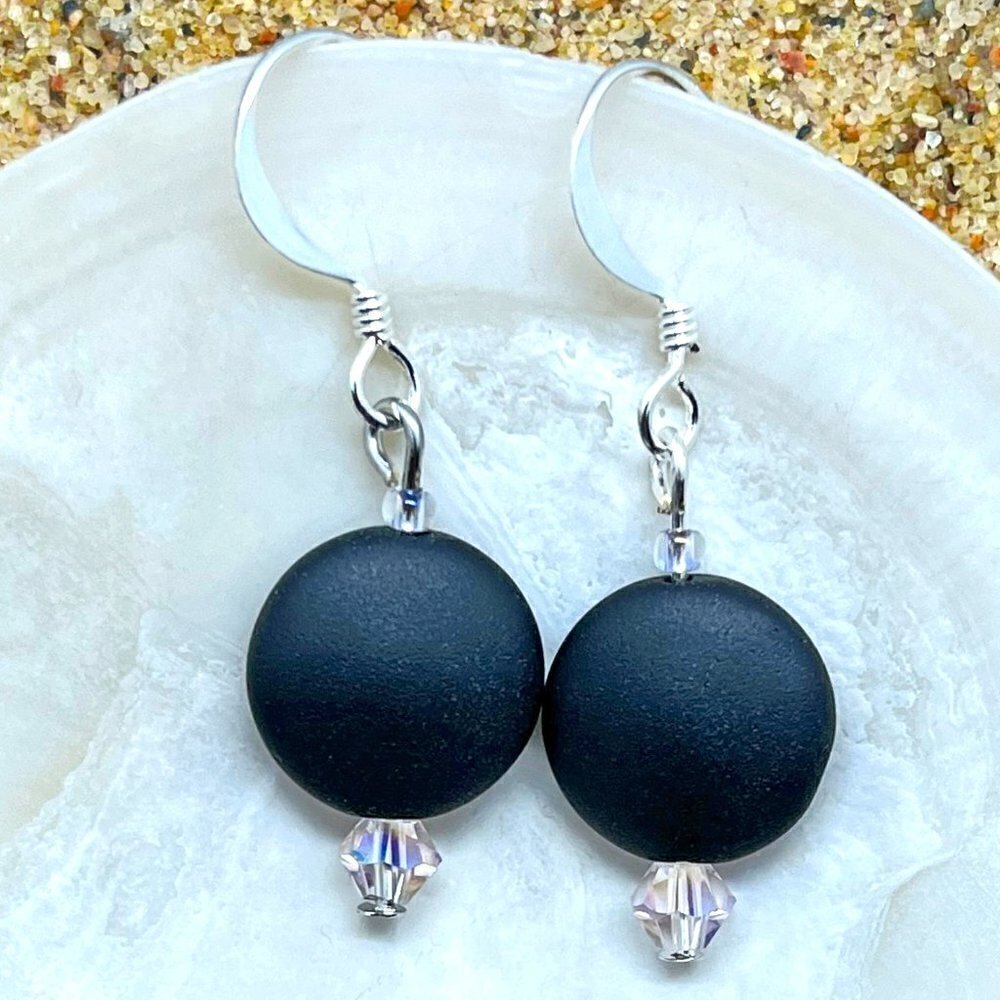 Black Sea Glass Circle Earrings | Handmade - Picture 5 of 5